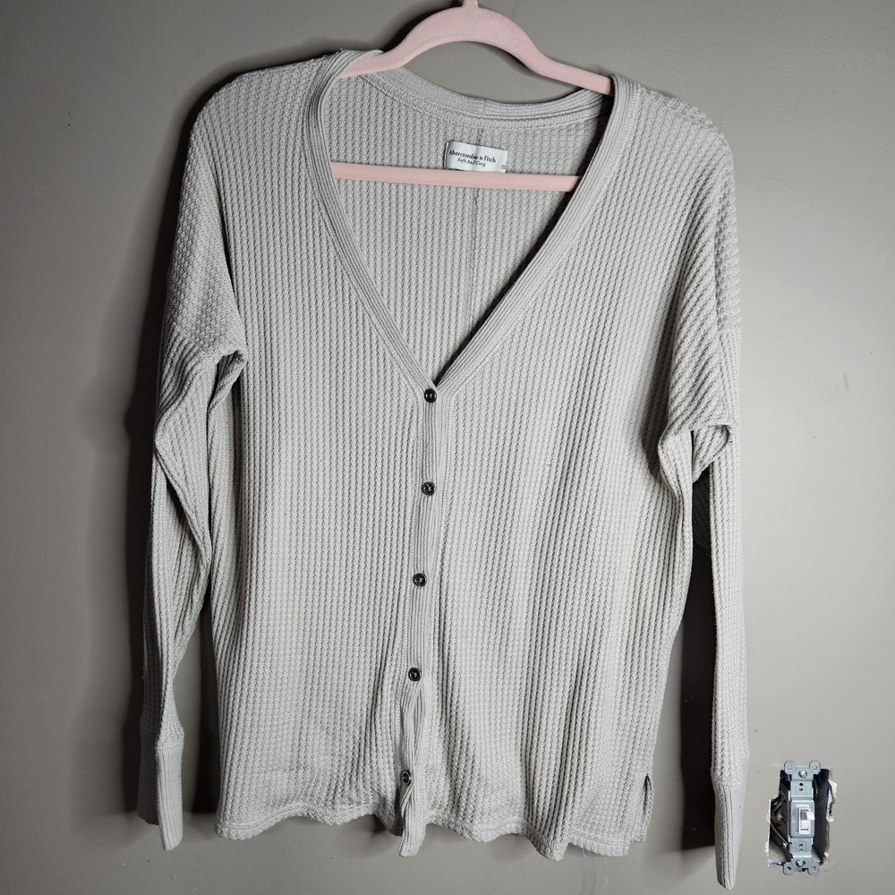 Abercrombie & Fitch Beige Waffle-Knit Cardigan Sweater Women Long Sleeve L